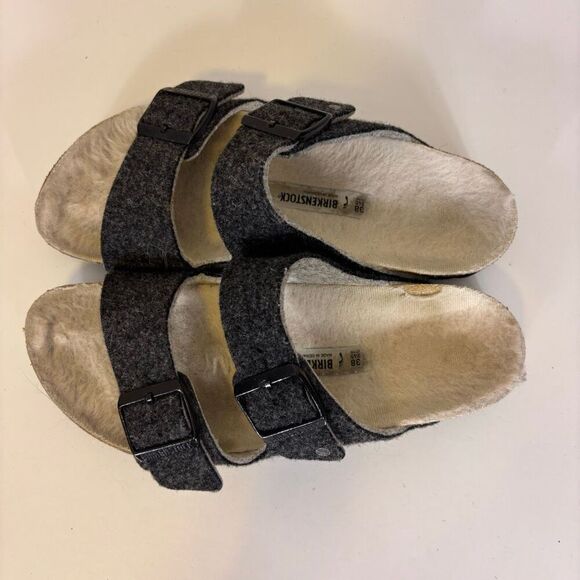 Birkenstock Grey Wool Felt with White Fur Slide Sandals US 7 - Picture 2 of 8
